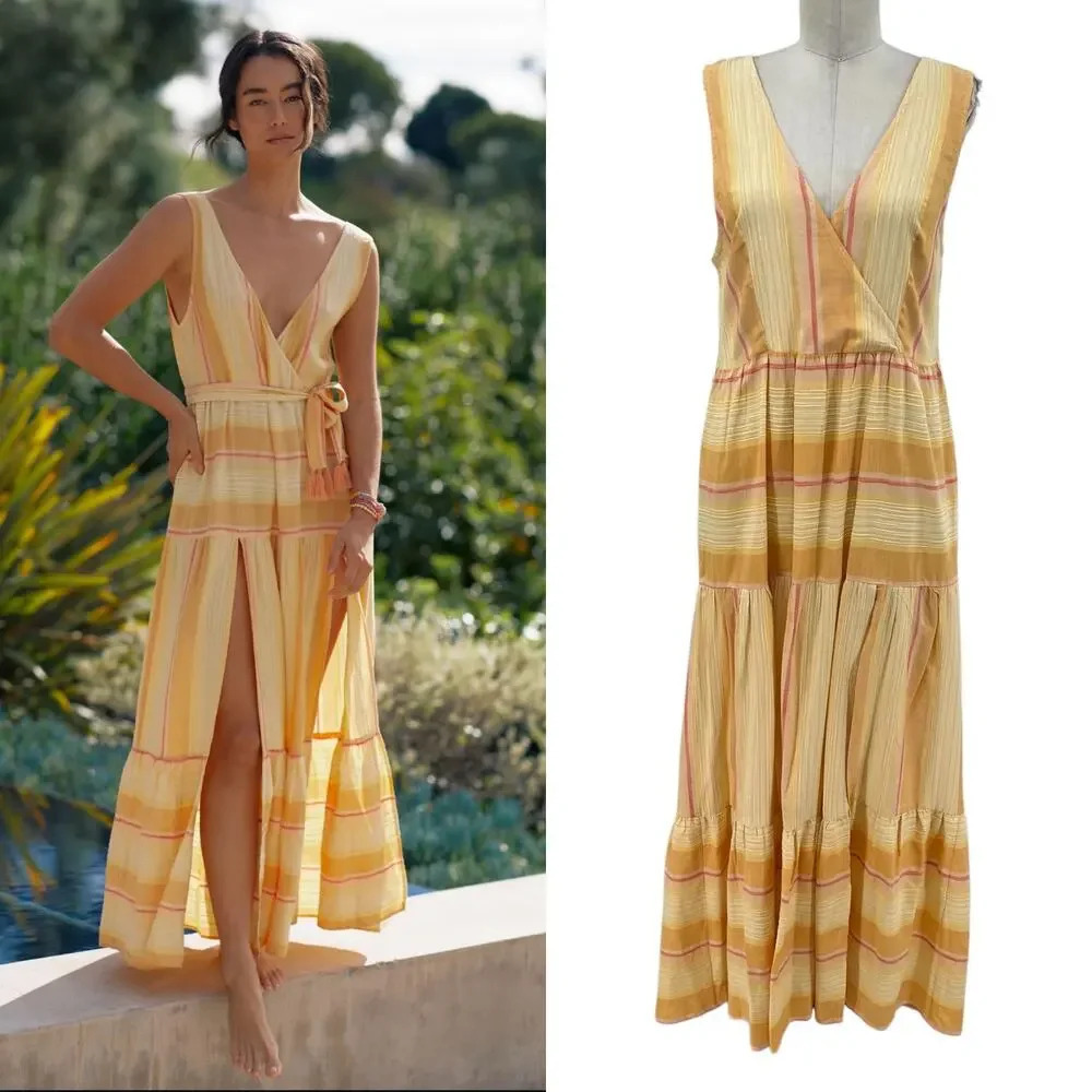 L*Space Clara V-Neck Double Tiered Maxi Dress Yellow Orange Stripe Size Small